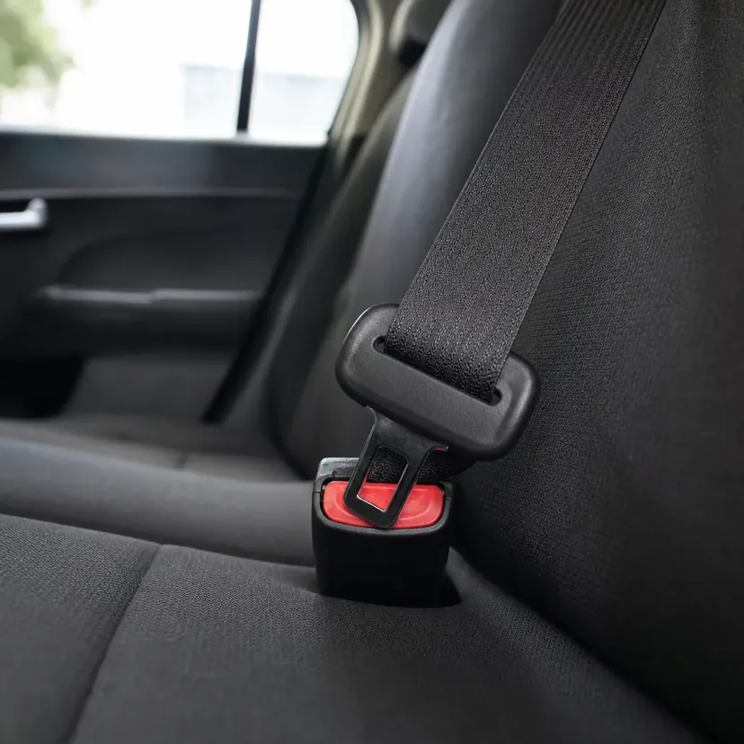 Gros plan sur la boucle d'une ceinture de sécurité arrière engagée dans son ancrage, sangle tendue en diagonale sur une banquette en tissu sombre.