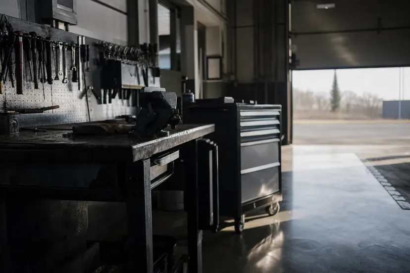 Poste de travail d'atelier automobile : établi métallique, étau, servante à outils fermée, porte sectionnelle ouverte au fond.