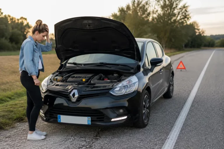 Une Renault Clio 4 noire arrêtée sur le bas-côté d'une route de campagne en fin de journée, capot relevé, une conductrice debout devant le compartiment moteur, la main sur le front, et un triangle de présignalisation posé sur la chaussée derrière le véhicule.