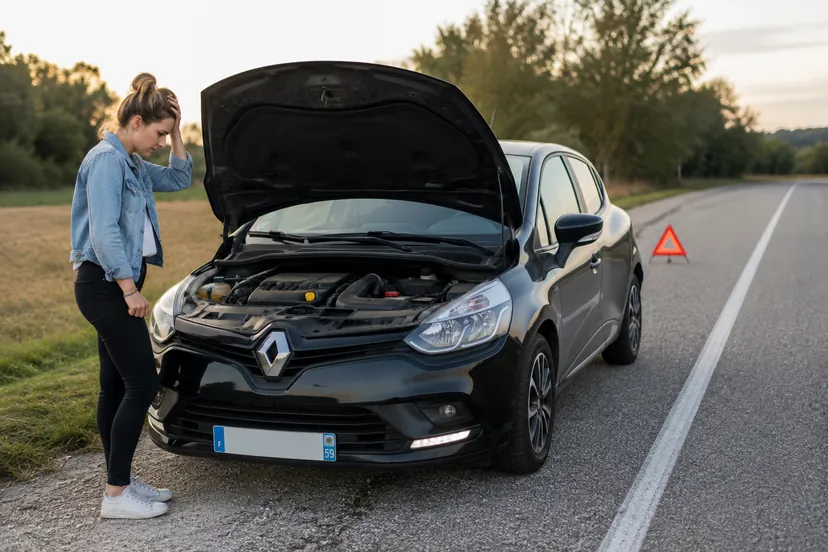 Une Renault Clio 4 noire arrêtée sur le bas-côté d'une route de campagne en fin de journée, capot relevé, une conductrice debout devant le compartiment moteur, la main sur le front, et un triangle de présignalisation posé sur la chaussée derrière le véhicule.