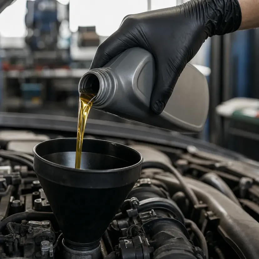 Main gantée versant de l'huile moteur dans un entonnoir engagé sur un moteur tiède.