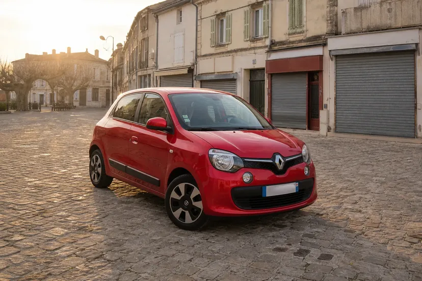 Une Renault Twingo 3 rouge vue de trois quarts avant, garée sur une place de village pavée en fin de journée
