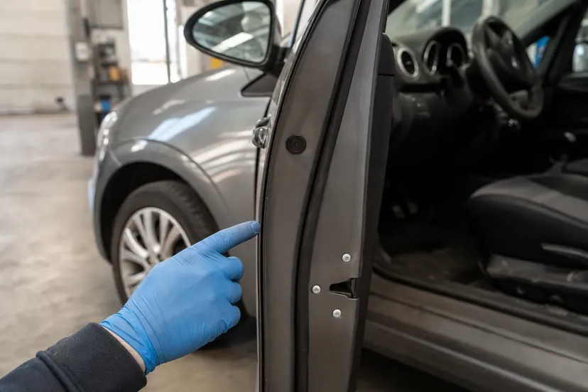 Portière conducteur d'une citadine grande ouverte dans un atelier, une main gantée désigne le chant de la porte côté serrure