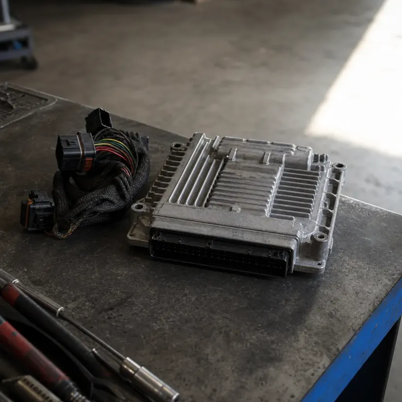 Boîtier calculateur moteur déposé sur l'établi métallique d'un atelier, connecteur multibroches et faisceau électrique débranché posés à côté.