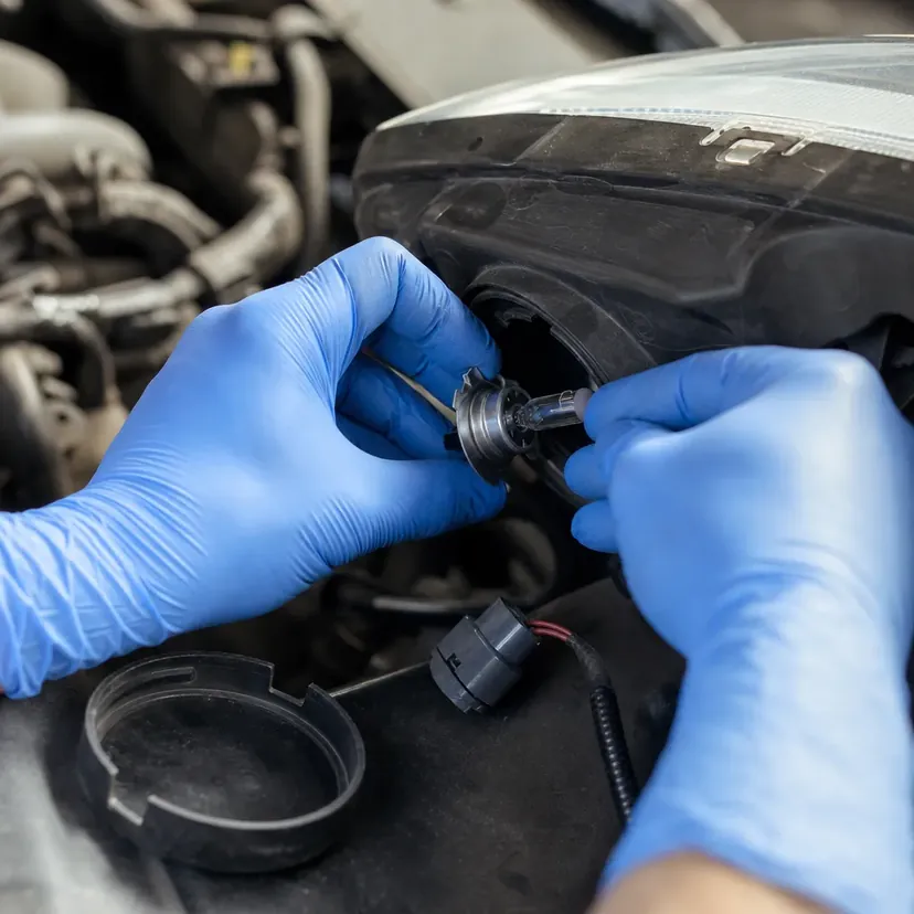 Mains en gants nitrile bleus engageant une ampoule dans le culot arrière d'un bloc optique avant, capot relevé au-dessus.