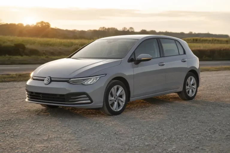 Volkswagen Golf 8 grise vue de trois quarts avant, arrêtée sur une aire de stationnement en gravier au bord d'une route de campagne, en fin de journée.