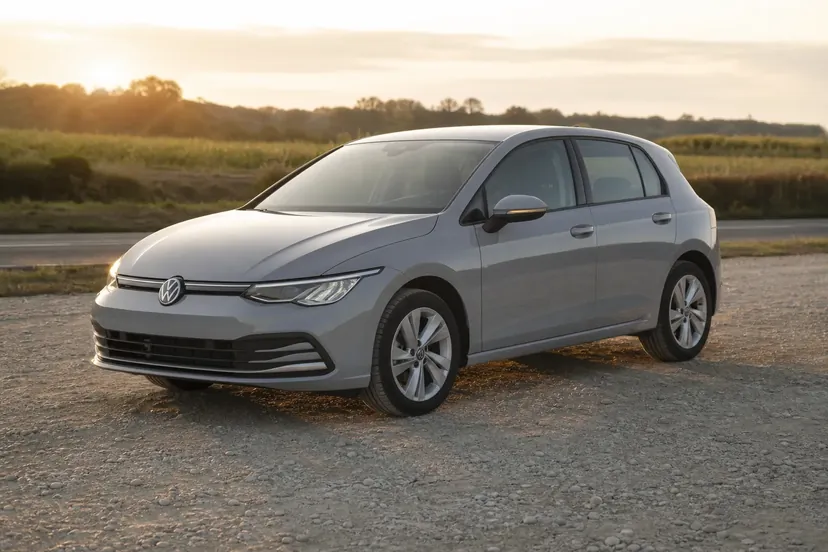 Volkswagen Golf 8 grise vue de trois quarts avant, arrêtée sur une aire de stationnement en gravier au bord d'une route de campagne, en fin de journée.
