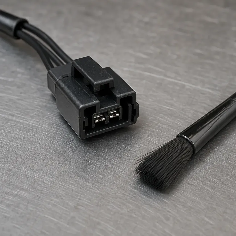 Gros plan d'un connecteur de faisceau en plastique noir débranché, verrou visible, posé sur un établi en acier à côté d'un petit pinceau.