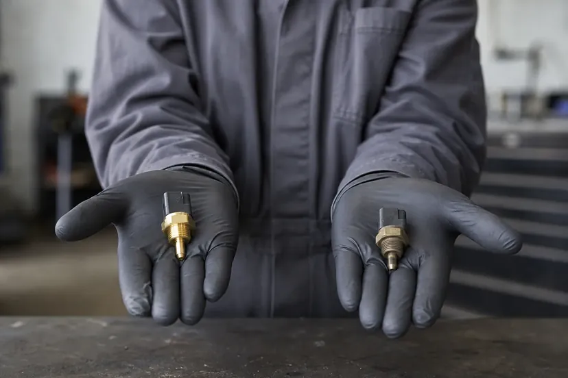 Mains gantées de noir d'une mécanicienne, tête hors cadre, tenant une sonde de température d'eau usagée et une neuve, en laiton.