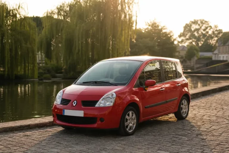 Renault Modus rouge garé de trois quarts avant le long d'un quai de canal pavé, en fin d'après-midi