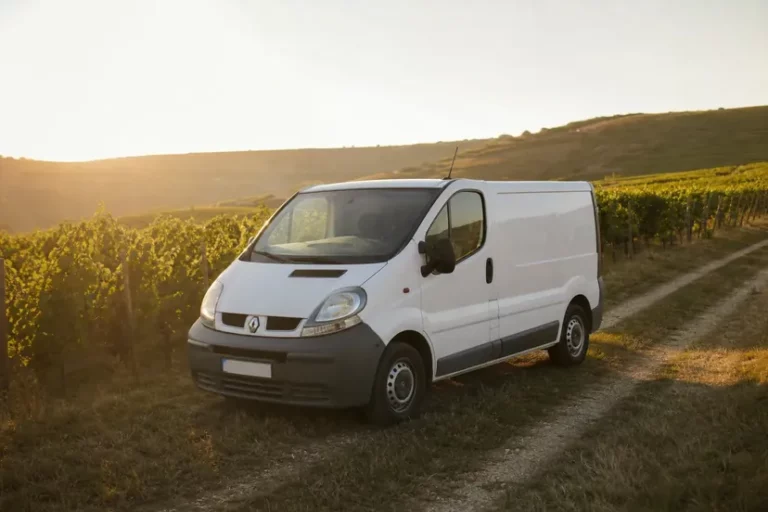 Renault Trafic blanc garé au bord d'un chemin de vignes en fin de journée, vu de trois quarts avant, portes et capot fermés.