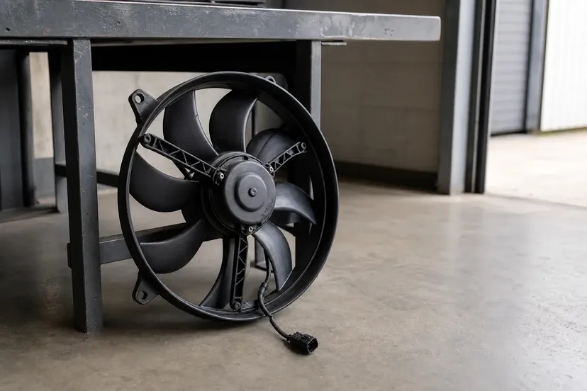 Groupe motoventilateur de radiateur déposé, buse noire et hélice, posé debout contre le pied d'un établi sur un sol en béton.