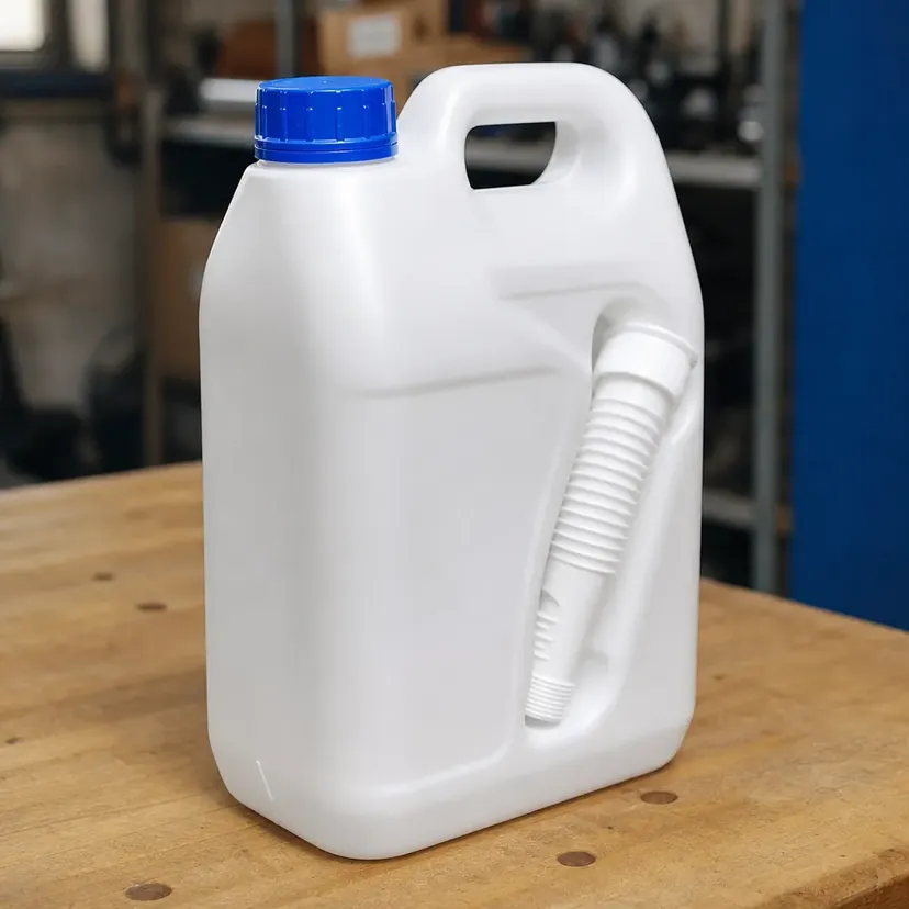 Bidon d'AdBlue blanc fermé par un bouchon bleu, bec verseur replié sur le flanc, posé seul sur un établi en bois.
