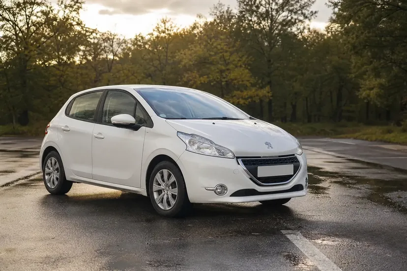 Peugeot 208 de première génération blanche garée moteur coupé sur un parking mouillé en lisière de bois, vue de trois quarts avant, portes et capot fermés.