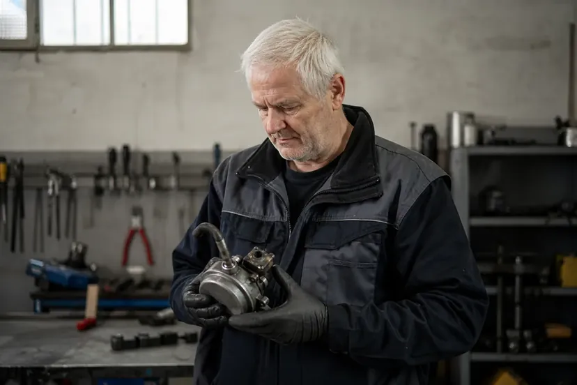 Un mécanicien aux cheveux blancs, en veste de travail et gants noirs, examine une pompe à vide déposée qu'il tient à deux mains dans un atelier.