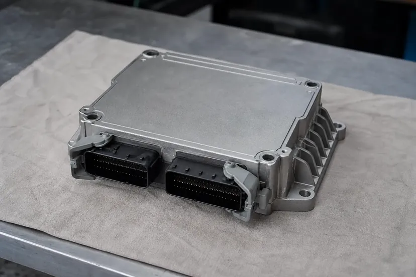 Boîtier électronique de gestion moteur en aluminium à ailettes, deux connecteurs multibroches, posé sur un établi