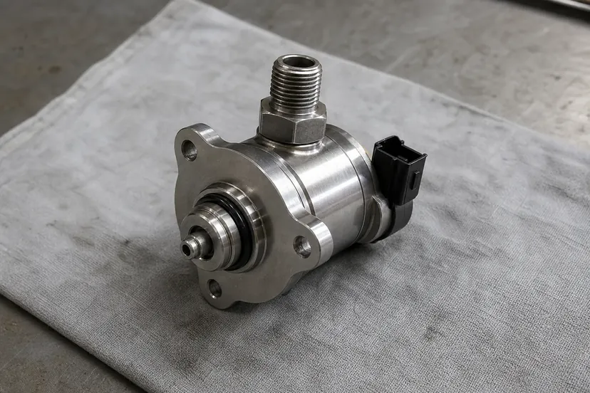 Pompe haute pression de circuit d'alimentation en carburant, corps en acier usiné, posée seule sur un établi