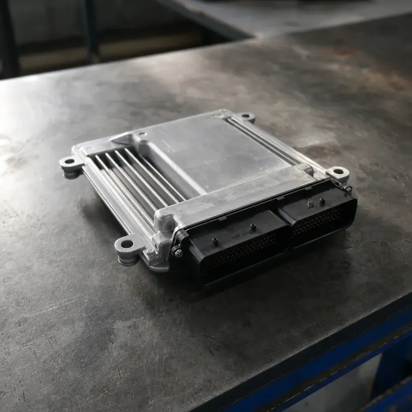 Un calculateur moteur déposé, boîtier en aluminium à ailettes et connecteurs multibroches, posé seul sur le plateau d'un établi.