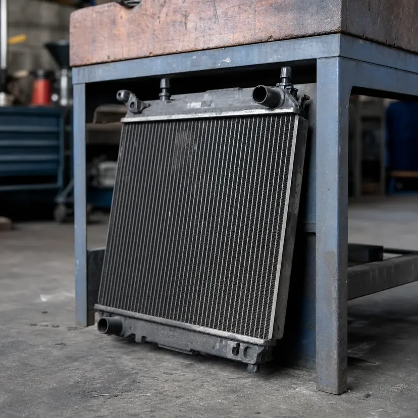 Un radiateur de refroidissement déposé, posé debout contre le piétement d'un établi, sur le sol béton d'un atelier.
