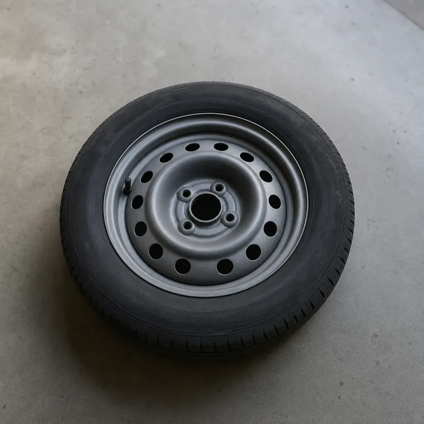 Une roue complète déposée, pneu monté sur une jante en acier nue, posée à plat sur le sol béton d'un atelier, valve visible.