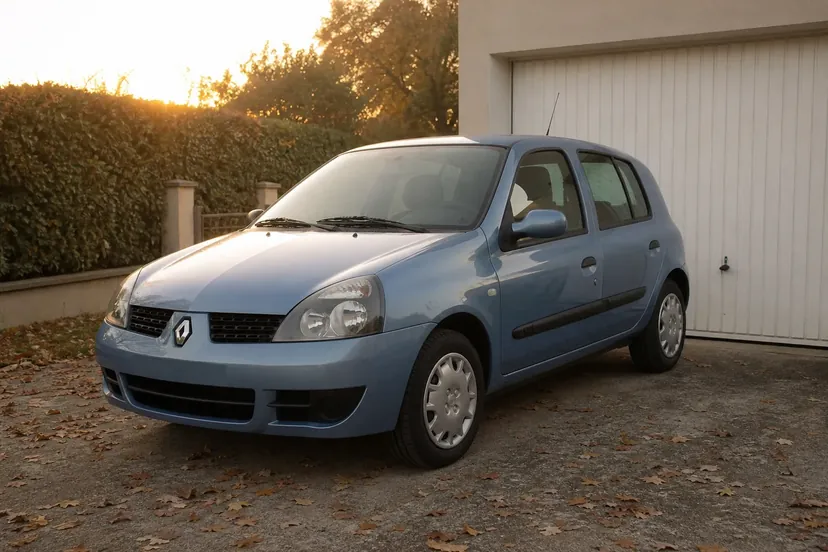 Une Renault Clio 2 bleu clair garée seule dans l'allée d'une maison, devant une porte de garage fermée, en fin de journée d'automne.