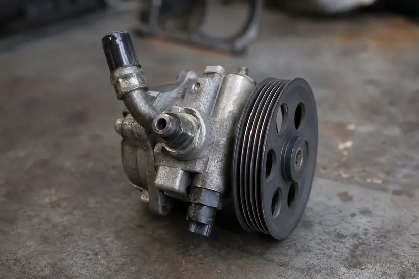 Une pompe de direction assistée déposée, posée seule sur l'établi d'un atelier automobile.