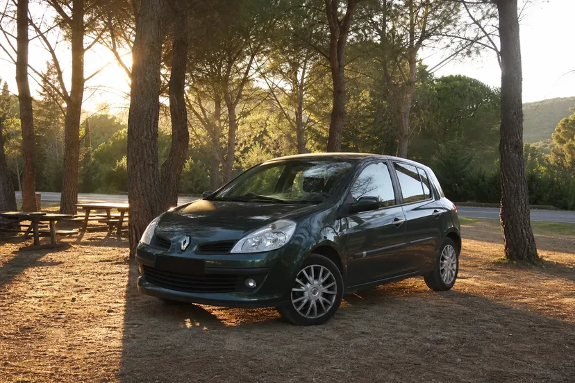Une Renault Clio 3 vert sombre garée seule sur une aire de pique-nique ombragée de pins parasols, en fin de journée, portes et capot fermés.
