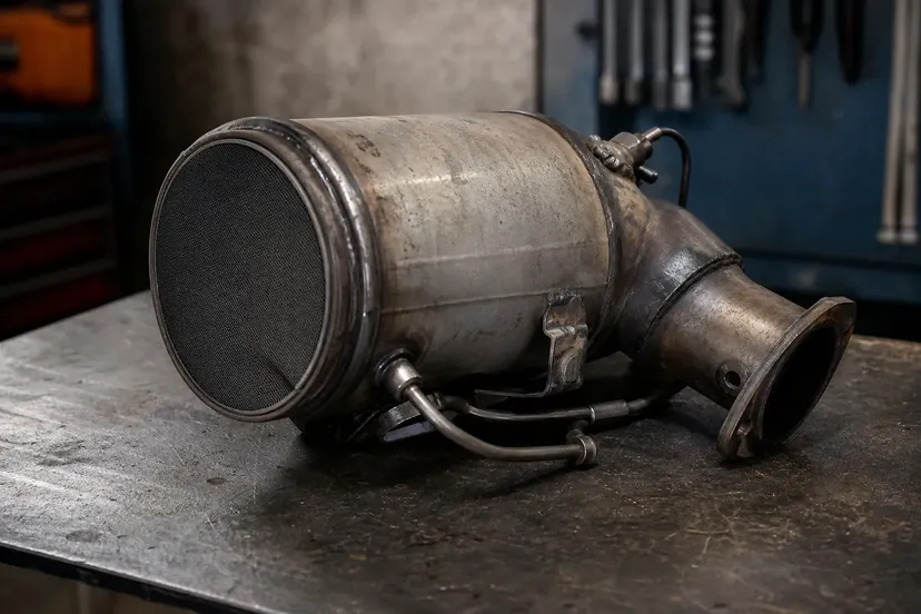 Un filtre à particules de moteur diesel déposé, posé sur l'établi d'un atelier.