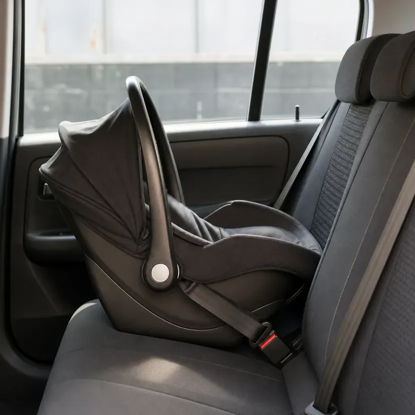 Une coque pour nouveau-né, vide, attachée dos à la route sur la banquette arrière d'une voiture.